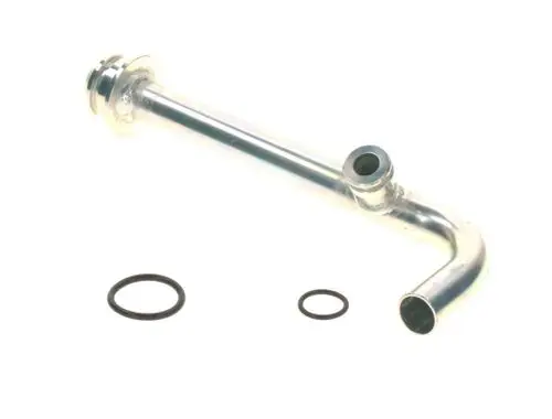 BOSCH Verbindungsteil aus Metall mit einem gebogenen Rohr und zwei Anschlüssen. Dazu gehören zwei schwarze O-Ringe.